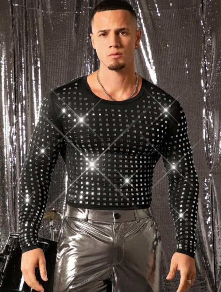 Men's Rhinestone Decorated Tight Fit Crew Neck Long Sleeve T - Shirt
